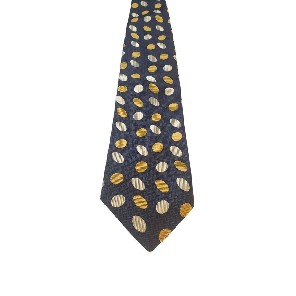 Pierre Balmain Couture Neck Tie Mens 100% Silk Navy Yellow Polka‎ Dots Business